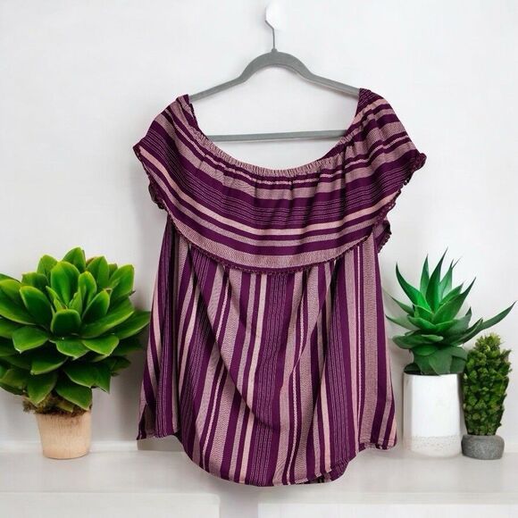 Lane Bryant Plus Size 2X Purple Striped Boho Off-Shoulder Blouse Cotton Summer - Picture 1 of 9